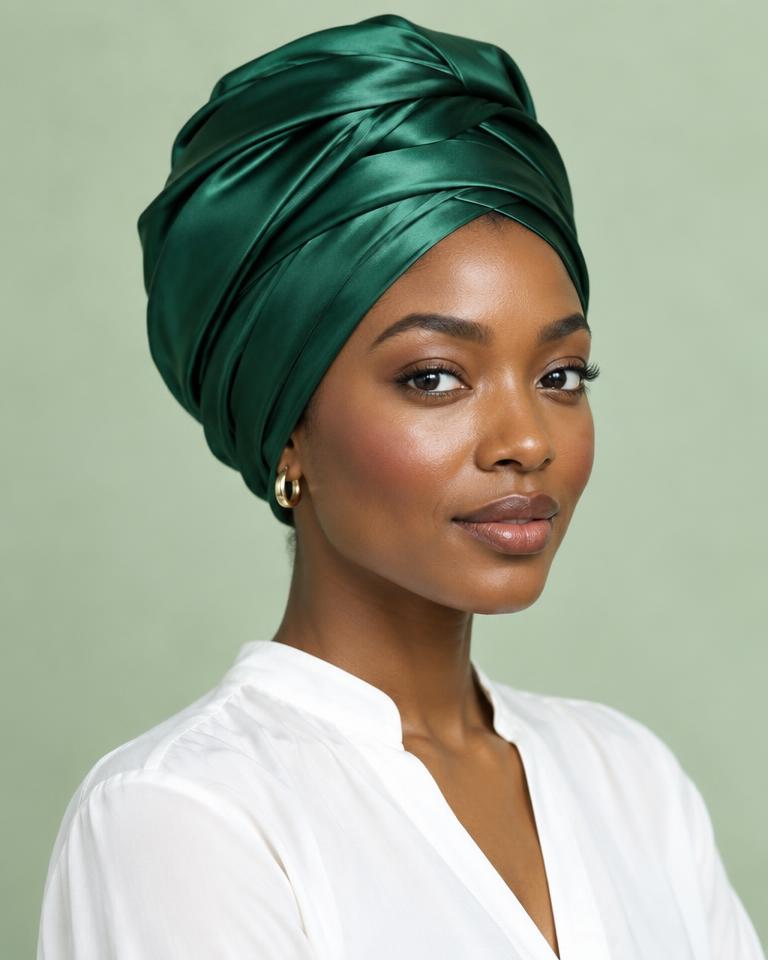 Illustrative emerald satin headwrap